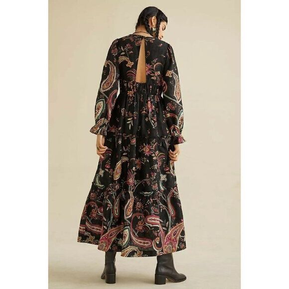 NWT ANTHROPOLOGIE Sz 10 PAISLEY MAXI DRESS In BLACK MOTIF - Picture 2 of 6